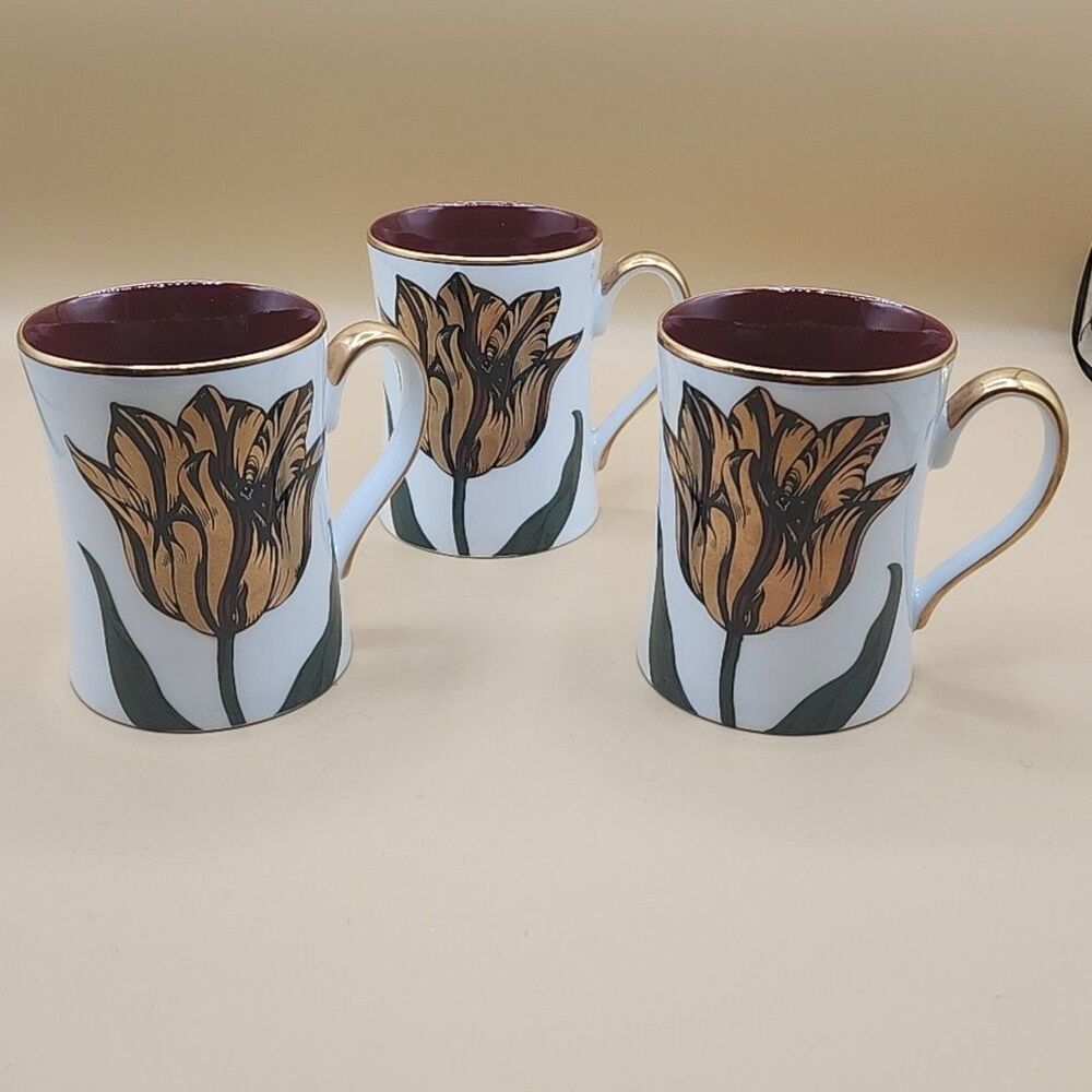 Floraison Fitz and Floyd  Set of 3 Coffee Mugs 1979 Gold Tulips Red Inside FF69